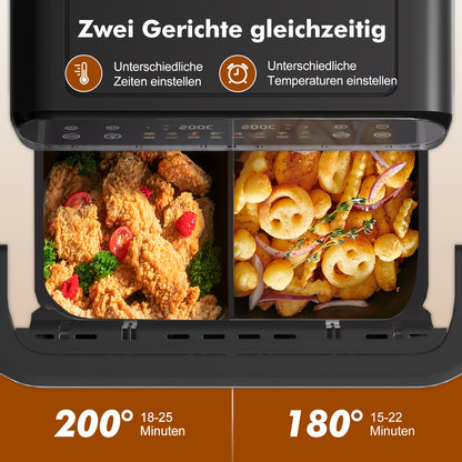Authmic 10L Hot Air Fryer with Dual Zone/Single Chamber - 9-in-1 Multifunction Touchscreen Smart Fryer with Oil-Free, 2400W Rapid Cooking Function, Non-Stick Coated Basket & Viewing Window, 8 Preset Programs, for Family Cooki
