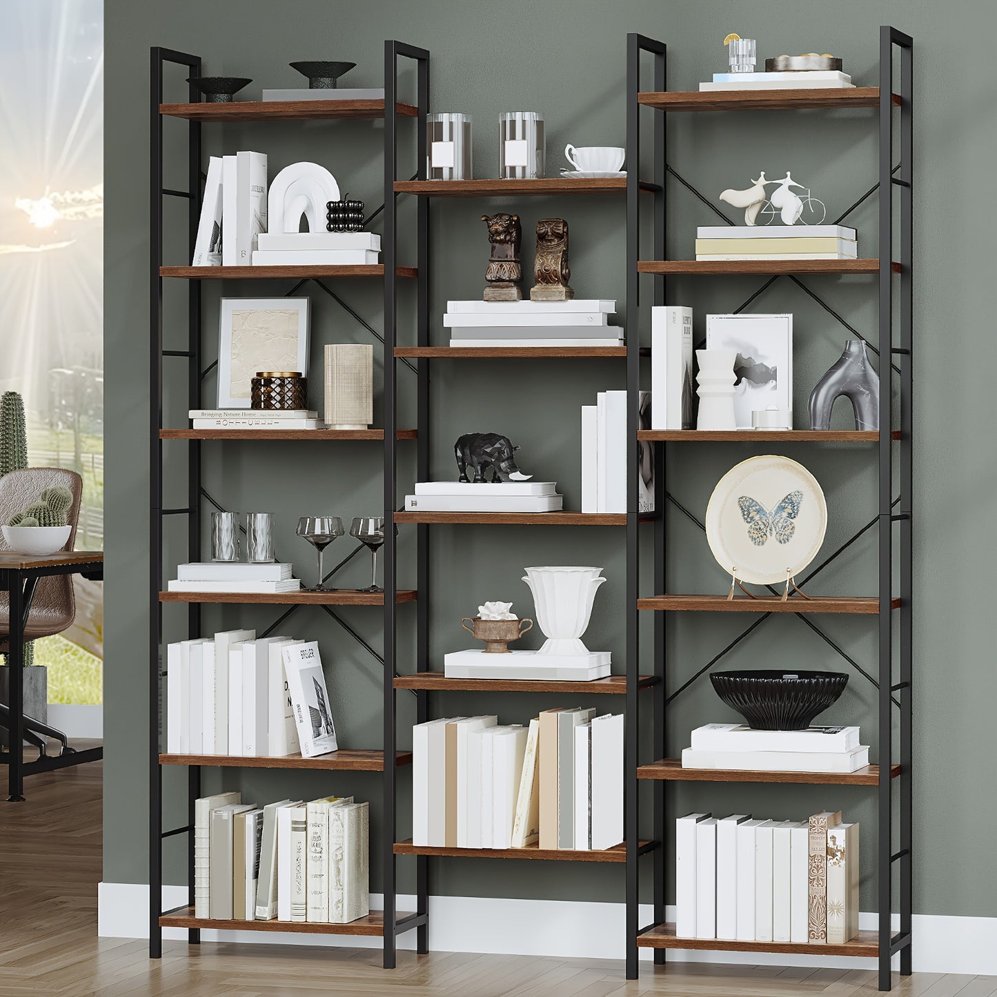 Boekenkast – Vrijstaand Rek – Wandkast – Open Kast – Boekenplank – Vintage Bruin-Zwart – 17 Schappen – Verstelbare Indeling 24x152x186 cm – Draagkracht 340 kg