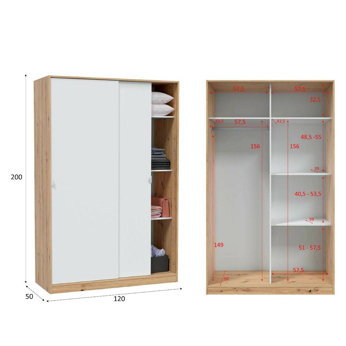 Wardrobe 2 in Front of Dnoce, Bedroom Closet, Furniture with 4 Shelves And Clothes Rail, 120X50H200 Cm, Available in 4 Colors