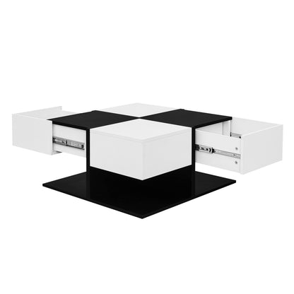 Modern Black and White Coffee Table | 70×70×35.5 cm, Square Living Room Storage Table with 2 Drawers, High Gloss Finish, Smooth Drawer Slides, Metal Construction