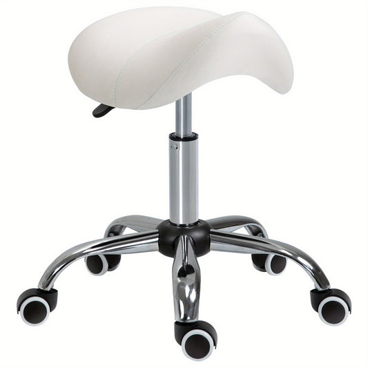 Draaibare Kruk – Zadelkruk – Bureaustoel – Verrijdbare Stoel – Werkkruk – Ergonomisch Zadel – Hoogte Verstelbaar – Witte Kunstleren Bekleding – 5 Zwenkwielen – Chroom Frame