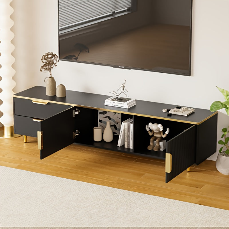 Tv Meubel – Tv Kast – Tv Stand – Tv Unit – Entertainment Center – Zwart Met Gouden Accenten – Geschikt Voor Tv’s Tot 190,5 cm – 2 Kasten En 2 Lades