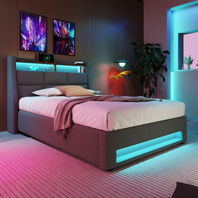 Single Bed with Metal Frame and Linen Fabric, 90x200cm, Includes Mattress