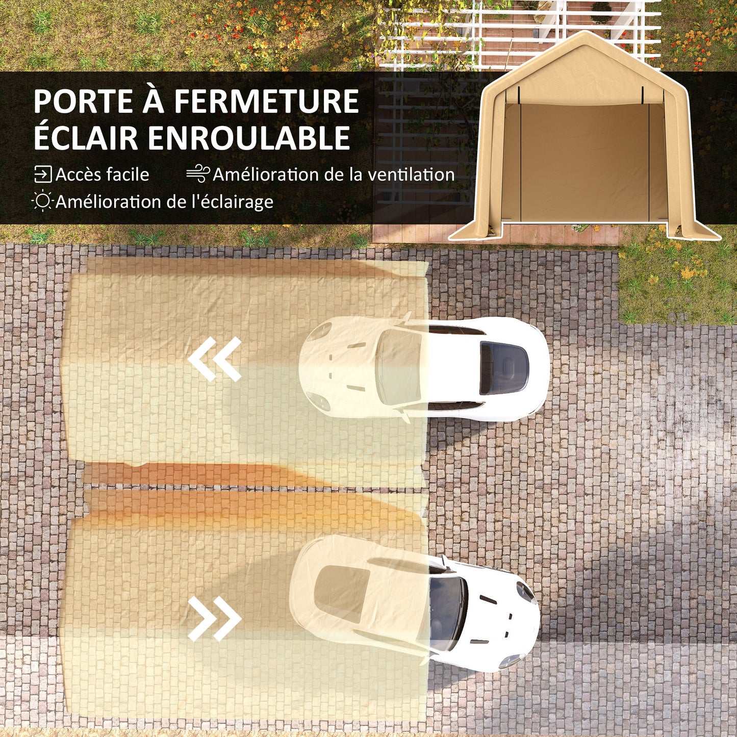 Carport – Buitenoverkapping – Garage – Autohoes – Schuur – Waterdicht PE Doek – Stevig Stalen Frame – Geel – 300x520x275 cm – Rolbare Afsluitbare Deur