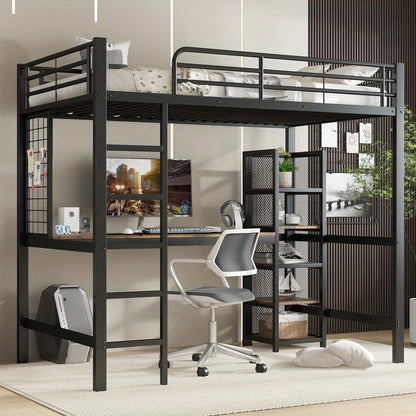 Hoogslaper – Loftbed – Kinderbed – Stapelbed – Eenpersoonsbed – Metaal & Donker Hout – 90x200 cm – Met Bureau en Opbergruimte