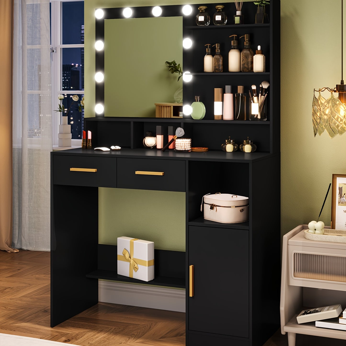 Kaptafel – Make-up Tafel – Dressing Table – Schminktisch – Toilettafel – Zwarte Kaptafel – Verstelbare LED-Verlichting – Veelzijdige Opbergruimte met Laden en Kastje