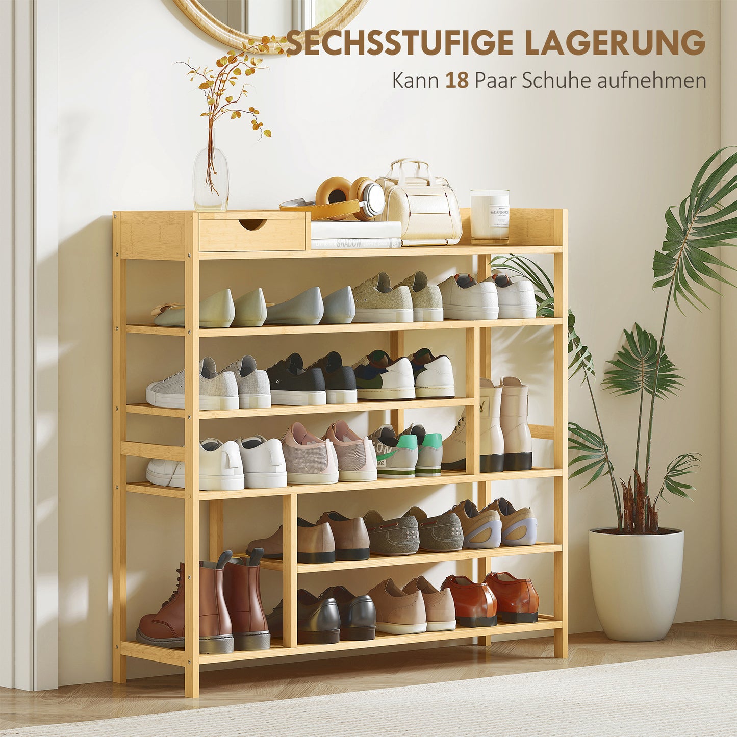 Schoenenkast – Schoenenrek – Schoenopberger – Schoenenschuifkast – Schoenmeubel – Bamboe Met Lade – Ruimte Voor 18 Paar Schoenen – Compact 101x30x100 cm