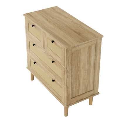 Ladekast – Opbergkast – Commode – Dressoir – Kast – Rattan Voorpanelen – Massief Houten Pootjes – 4 Ruime Lades – Compact 80 cm Breed