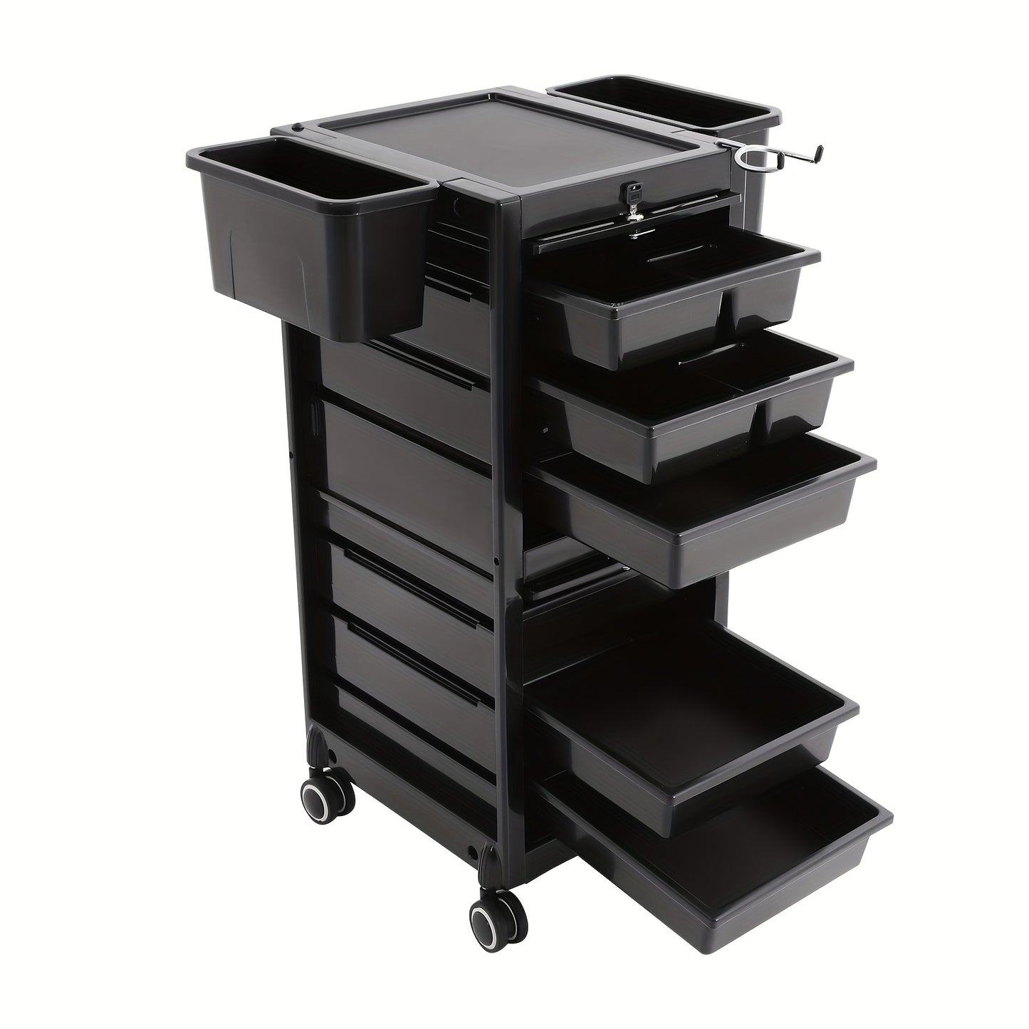 Opbergtrolley Salon – Beauty Trolley – Kapperskar – Opbergwagen – Werkplaatswagen – Met 6 Laden & 2 Zijmanden – Zwart Kunststof – Stil 360° Zwenkwielen & Haardrogerhouder