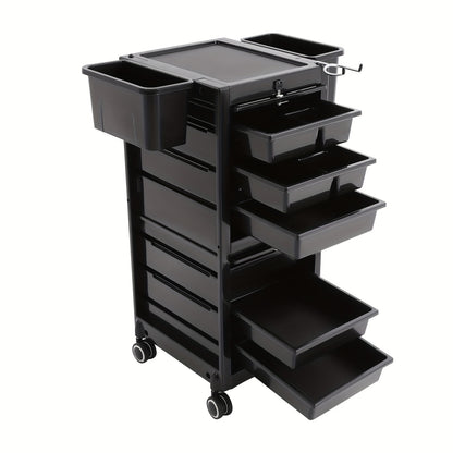 Opbergtrolley Salon – Beauty Trolley – Kapperskar – Opbergwagen – Werkplaatswagen – Met 6 Laden & 2 Zijmanden – Zwart Kunststof – Stil 360° Zwenkwielen & Haardrogerhouder
