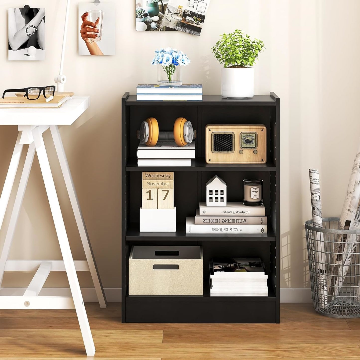 Boekenkast – Vitrinekast – Opbergkast – Wandrek – Openkast – 3-vaks Verstelbare Planken – Water- en Krasbestendig Zwart