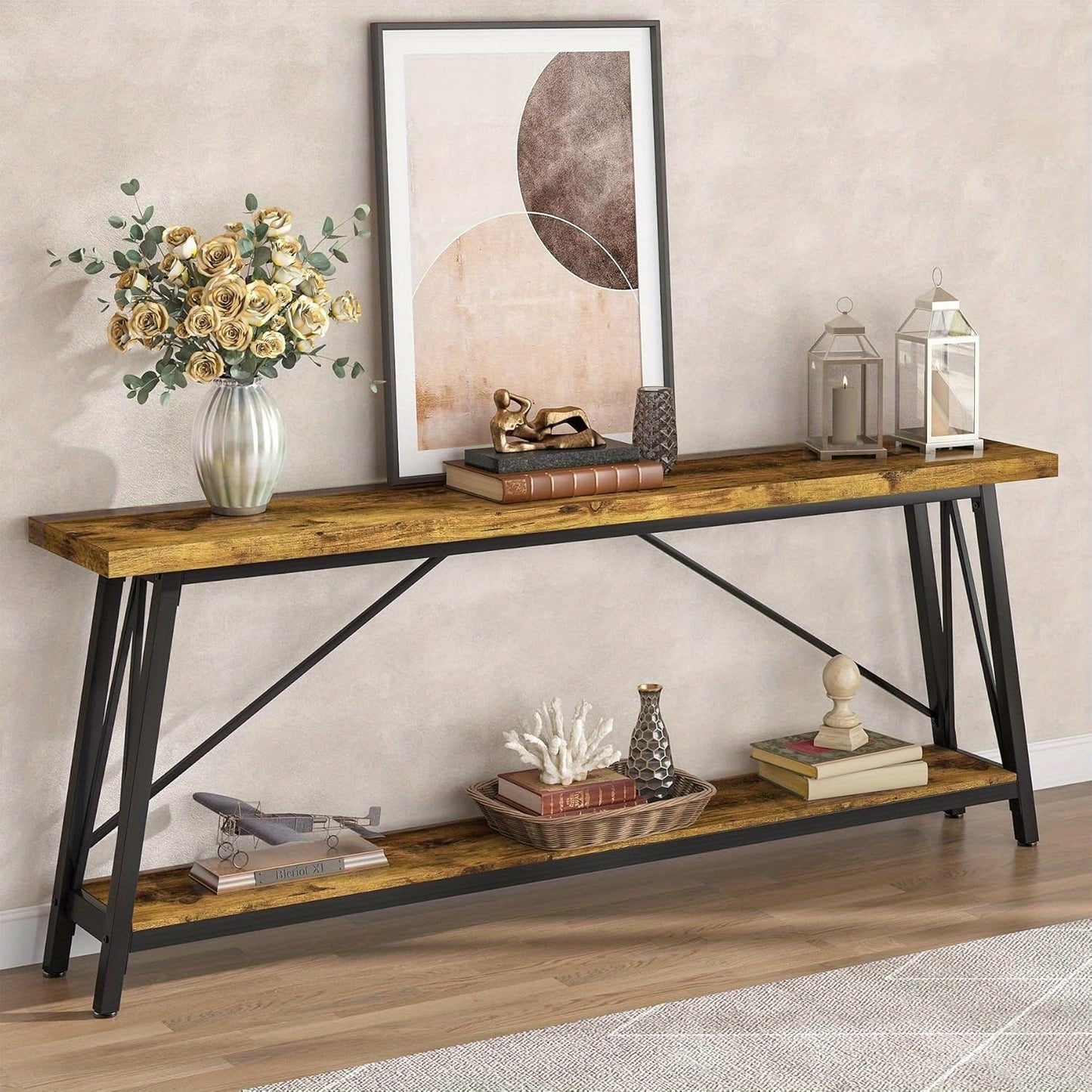Sofa Tafel – Bijzettafel – Sidetable – Console Tafel – Haltafel – Extra Lang 180 cm – Industrieel Rustiek Bruin – Metalen Frame & Houten Blad – Ruimtebesparend Ontwerp