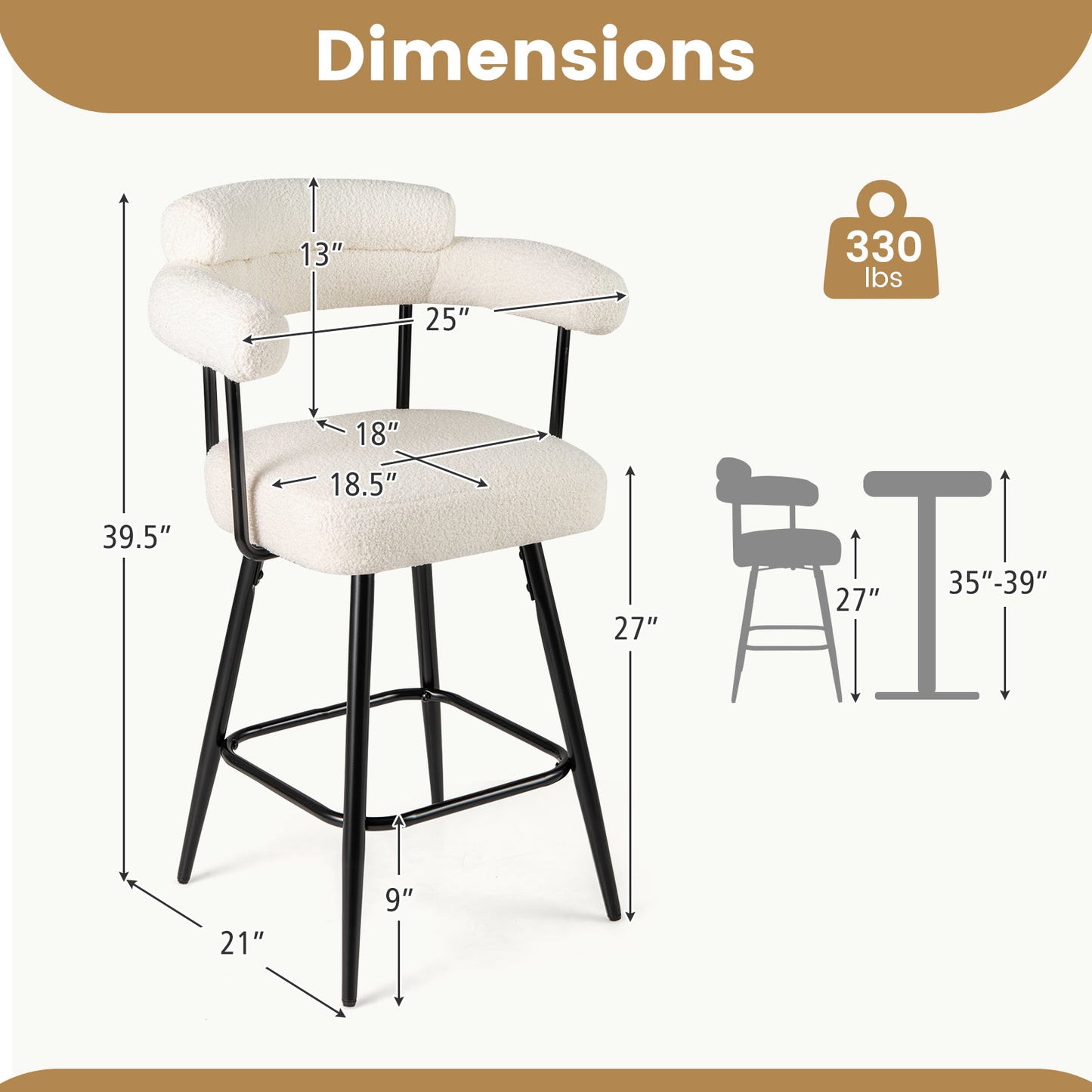Swivel Barkrukken – Barstoelen – Counter Stoelen – Keukenkrukken – Cafe Stoelen – Modern Gestoffeerd Bouclé – 360° Draaibaar – Met Metalen Frame en Voetsteun – Wit – 27 Inch Hoog