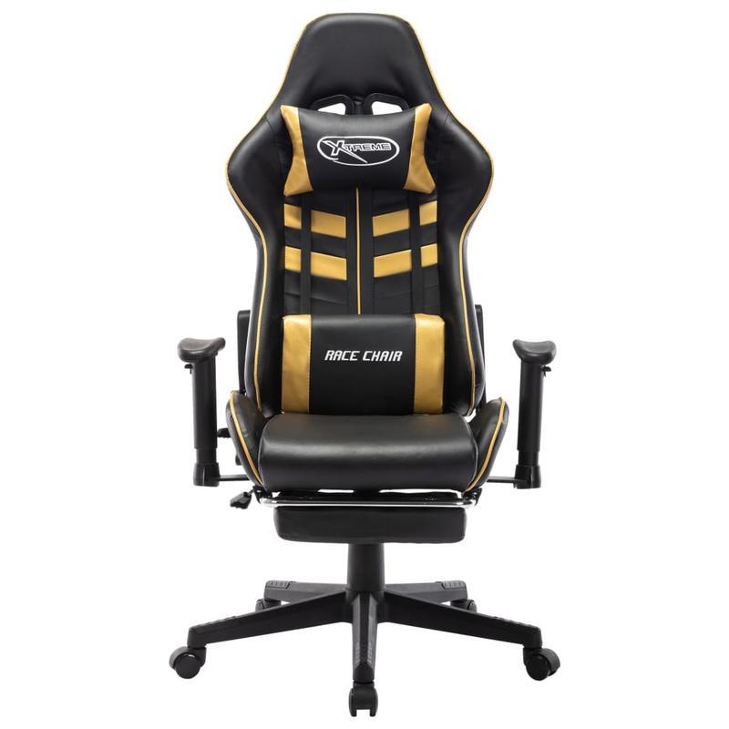 Gaming chair with footrest, black faux leather and gold-colored gaming PC