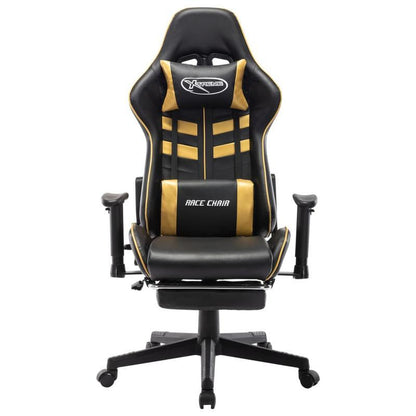 Gaming chair with footrest, black faux leather and gold-colored gaming PC