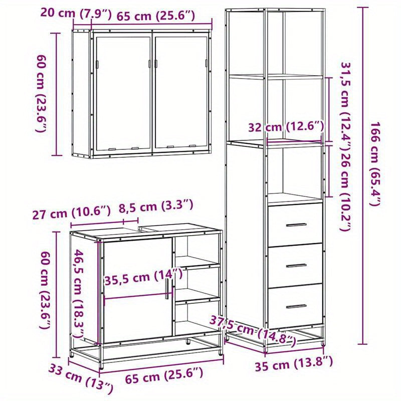 3-delige Badkamermeubelset – Badkamerkast – Opbergkast – Wastafelmeubel – Eiken Badkamermeubels – Bruine Eikenlook – Duurzaam Hardhout – Onderhoudsvriendelijk