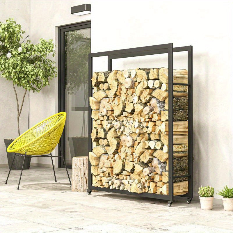 Houtopslag – Houtrek – Brandhoutrek – Houtopberger – Houtstandaard – Metalen Frame – 120x32x151 cm – Voorzien Van Wieltjes