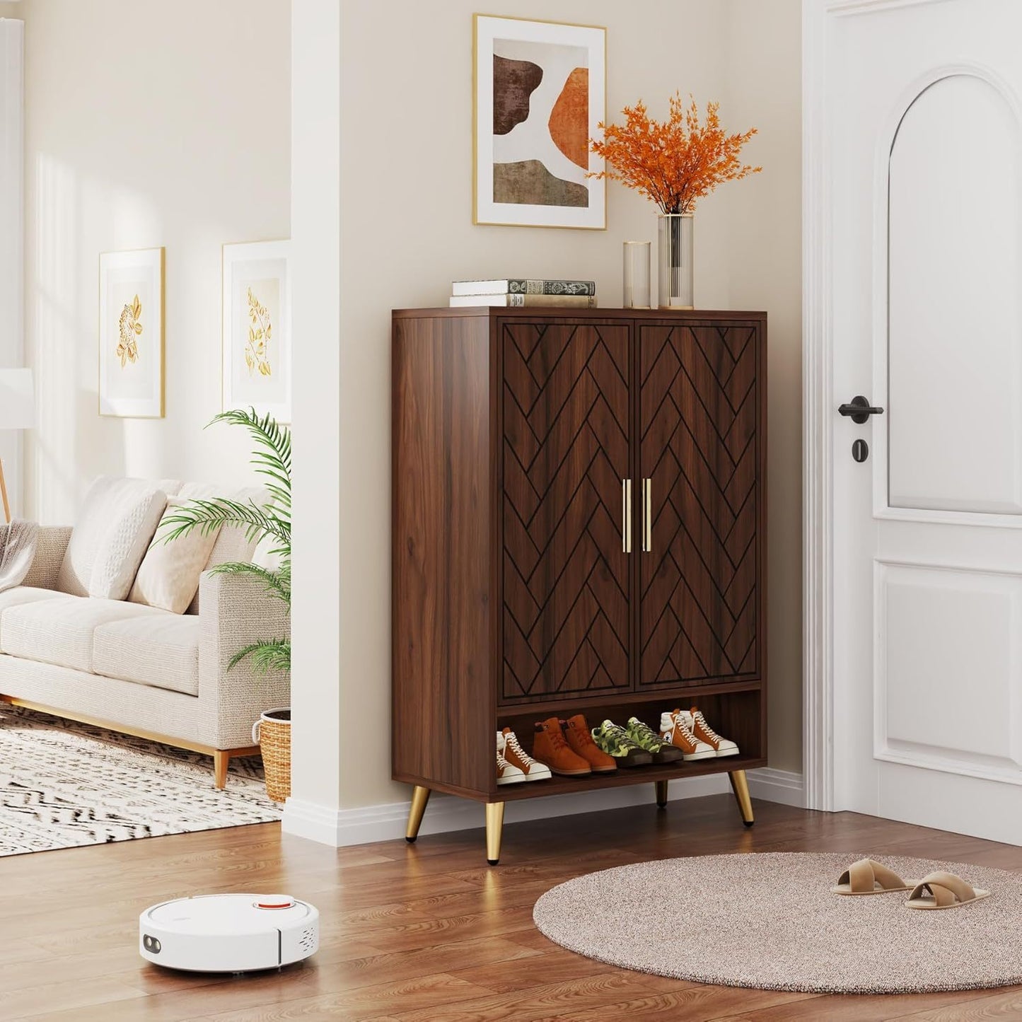 Schoenenkast – Schoenenrek – Schoenenopberger – Halkast – Schoenenbank – 6 Lagen – Hout Met Walnoot – Verstelbare Planken – 24 Paar Schoenen – Gouden Poten - QUORE