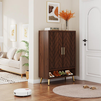 Schoenenkast – Schoenenrek – Schoenenopberger – Halkast – Schoenenbank – 6 Lagen – Hout Met Walnoot – Verstelbare Planken – 24 Paar Schoenen – Gouden Poten - QUORE