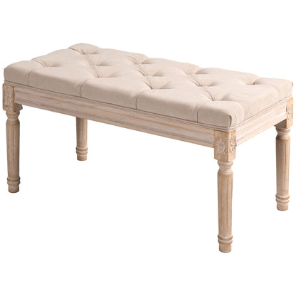 Vintage design bankje – zitbank – tuinbankje – krukje – halbankje – crèmekleur – button-tufted zitvlak – gedraaide houten poten