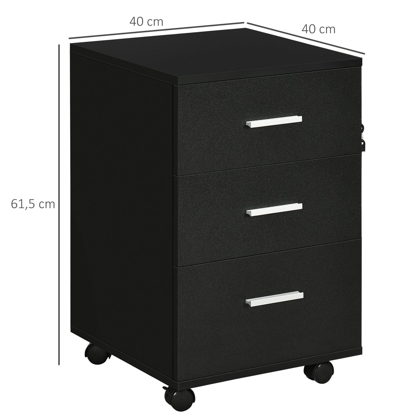 Bureaukast – Ladeblok – Opbergkast – Verrijdbare Kast – Bureau Organizer Zwart – 3 Gelockte Laden – Compact 40x40x61,5 cm