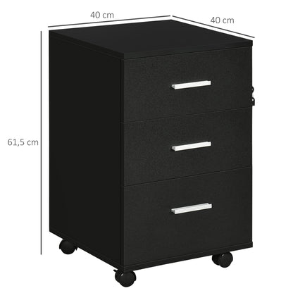 Bureaukast – Ladeblok – Opbergkast – Verrijdbare Kast – Bureau Organizer Zwart – 3 Gelockte Laden – Compact 40x40x61,5 cm