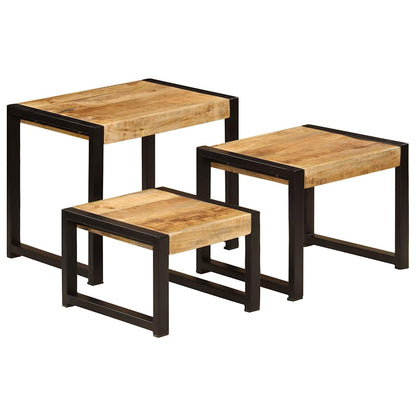 Set Van 3 Tafels – Bijzettafel – Nachtkastje – Salontafel – Tafel – Massief Mangohout – Stalen Frame – Ruimtebesparend – Uniek Bruin