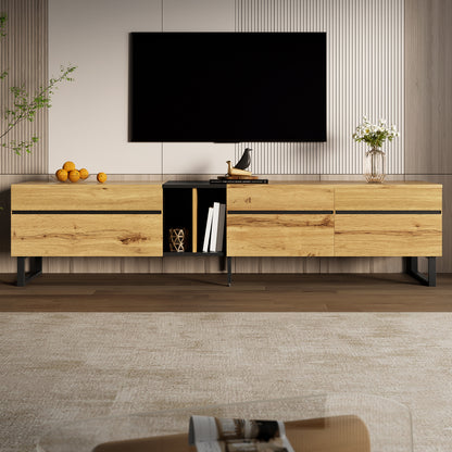 Modern TV Base Unit 180cm, featuring a lift-up storage compartment, open shelving and double doors. This minimalist TV cabinet serves as a versatile storage solution for dining, television and living room use, offering ample
