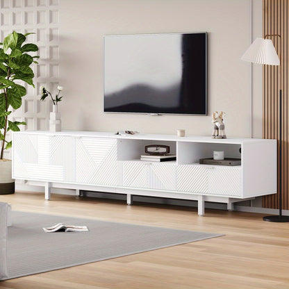 A Contemporary Bohemian-Style TV Stand Featuring Abstract White Geometric Patterns, Designed with Minimalist Cabinet Doors And Ample Storage Space. Its Dimensions Are 200 Cm by 40 Cm by 51 Cm, Suitable for a TV Up to 90 Inche