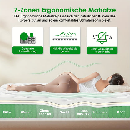 Matras 90x200 cm – Pocketveringmatras – Eenpersoonsmatras – Koudschuimmatras – Tweepersoonsmatras – 7-Zones Ontwerp – Stevige H3 Hardheid – 22 cm Hoog met Memory Foam Toplaag