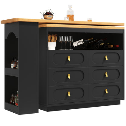 Extendable Bar Table with 360° Rotating Base & Storage Shelf - Heavy-Duty Metal Modern Black Adjustable Length 138-203cm (55"-80") - Space-Saving Expandable Kitchen Island, Home Office Desk, Dining Table for Small Spaces - E