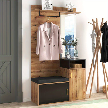 Coat rack and cloakroom suite, comprising four coat hooks, mirror, shoe cabinet, wall-mounted coat rack, top shelf, and hallway bench. Designed to meet diverse requirements, suitable for corridors and entrance halls.