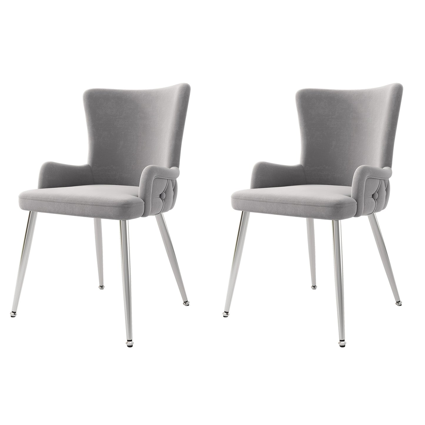 Velvet Dining Chair, Set Of 2, Luxury Living Room Bedroom Lounge Chair with Four Silvery Metal Supporting Legs, Gray