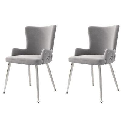 Velvet Dining Chair, Set Of 2, Luxury Living Room Bedroom Lounge Chair with Four Silvery Metal Supporting Legs, Gray