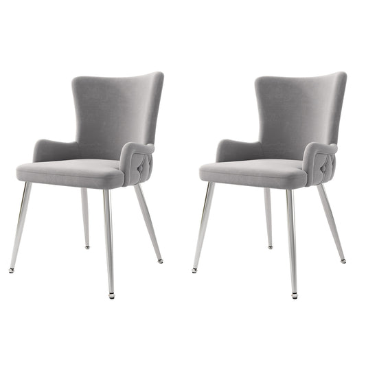 Velvet Dining Chair, Set Of 2, Luxury Living Room Bedroom Lounge Chair with Four Silvery Metal Supporting Legs, Gray