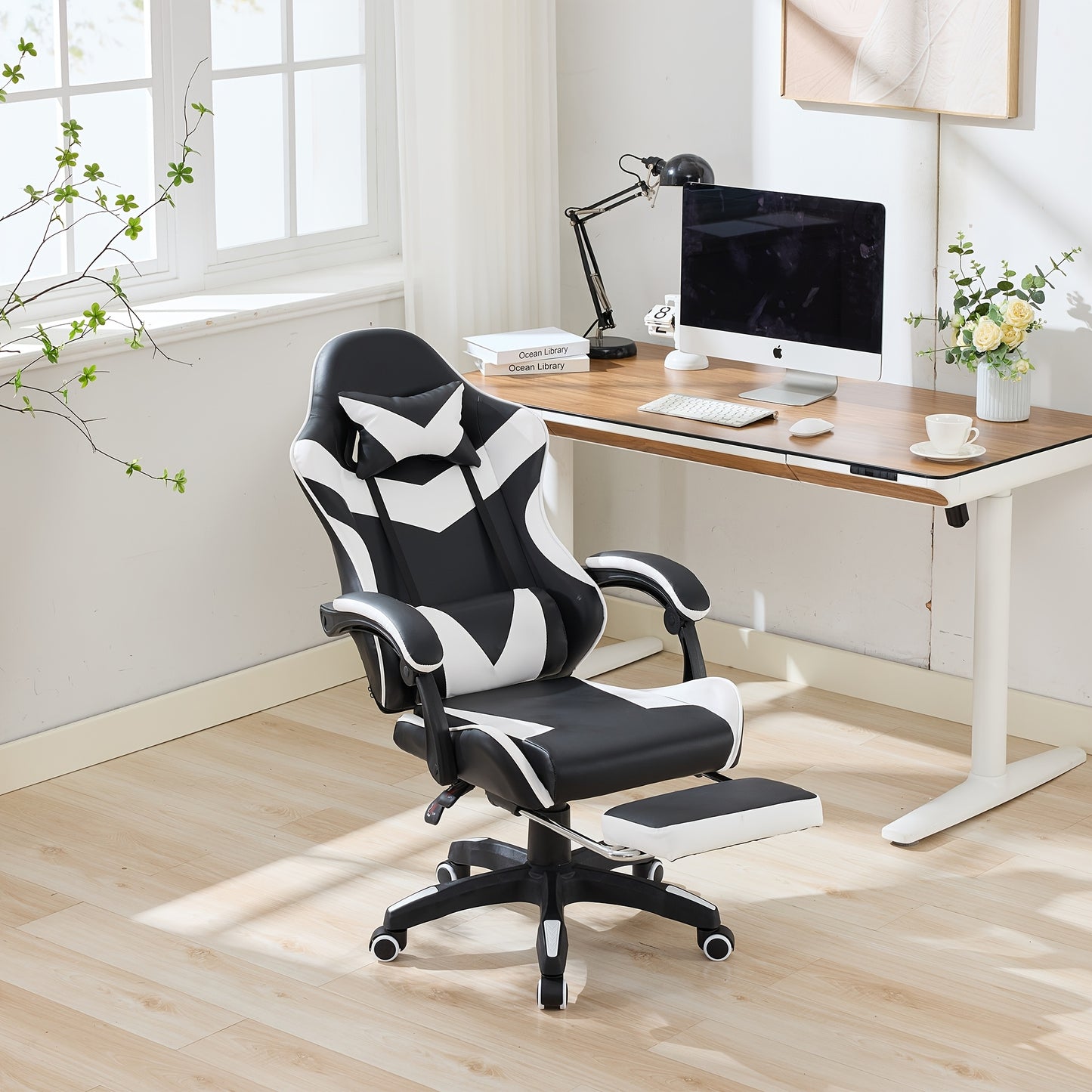 360° Rotating Racing Car Design Lounge Chair, Gaming Chair, High-back Office Chair, Height Adjustable, with Wheels, Footrest, Headrest And Lumbar Support.