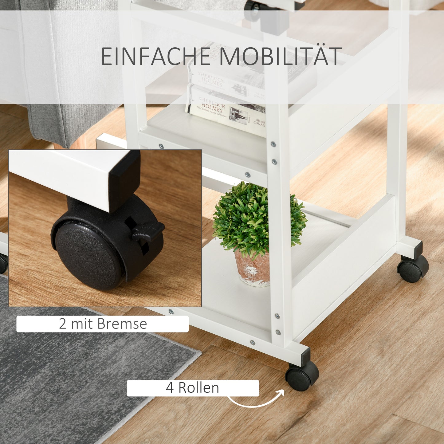 Zijtafeltje – Bijzettafel – Nachtkastje – Serveerwagen – Mobiel Tafeltje – Verstelbare Hoogte 72-82 cm – Metalen Frame Met 2 Opbergrekken