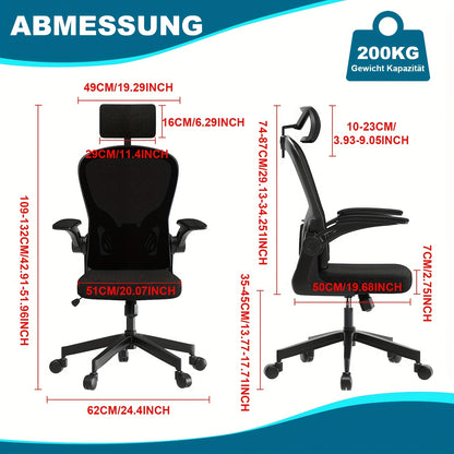 Ergonomic Office Chair With Adjustable Lumbar Support & Breathable Mesh Back - Certified For Home/Office Use [ Comfort & Flip-Up Arms]