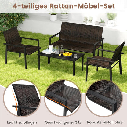 Polyrattan Tuinmeubelset – Tuinset – Loungeset – Balkonset – Terrasmeubelen – 4-Delig Met 2 Stoelen, Bank & Tafel – Weerbestendig Metaalframe – Gehard Glas Blad – Bruin