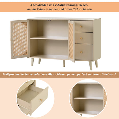 BTM Sideboard Storage Cabinet 120X40X82.5Cm, Off-White Cream with Rattan Fronts, 2 Doors & 3 Drawers, Wood Look, Modern Design for Living Room & Dining Room