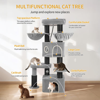 Krabpaal – Kattenboom – Kattenkrabpaal – Krabmeubel – Kattentoren – 163 cm Hoog – 11 cm Dikke Sisalpalen – Met 2 Holletjes en Ruim Speelplatform – Lichtgrijs Beige