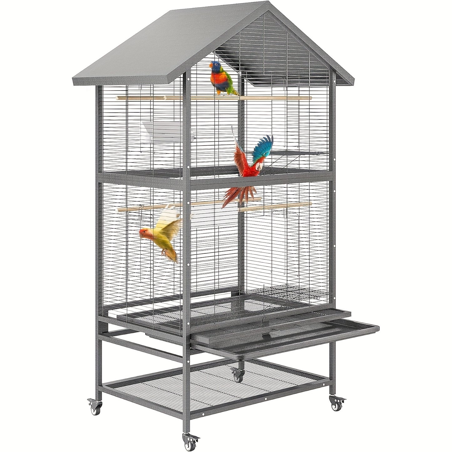Vogelkooi – Volière – Vogelkooi Groot – Kooi Papegaaien – Vogelkooi Met Wielen – Heavy-Duty Smeedstaal – Extra Ruim Speeloppervlak 80x60 cm