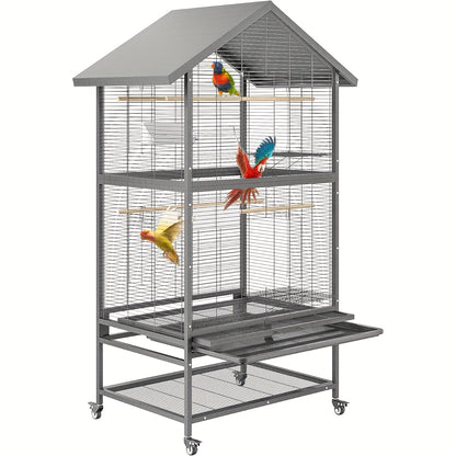 Vogelkooi – Volière – Vogelkooi Groot – Kooi Papegaaien – Vogelkooi Met Wielen – Heavy-Duty Smeedstaal – Extra Ruim Speeloppervlak 80x60 cm
