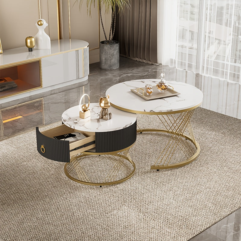 Salontafel – Koffietafel – Bijzettafel – Woonkamertafel – Tafelset – Marmerlook – Gouden Accenten – Modulaire Set Met Laden – Modern Design