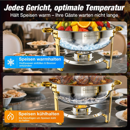 Chafing Dish – Buffetwarmer – Warmhoudschalen – Warmhoudbakken – Voedselverwarmer – 2-delig Ronde Set – 5 L Inhoud – Glasdeksel Met Houder – Roestvrij Staal 201