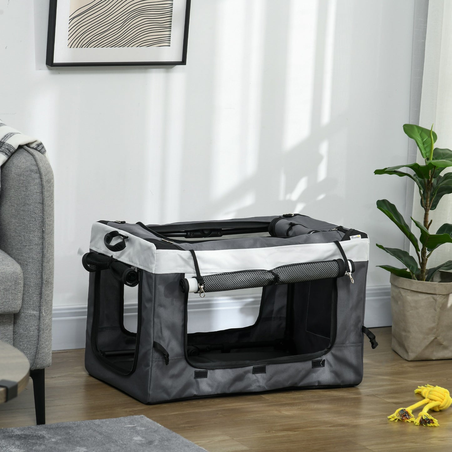 Dierenwagen – Hondenwagen – Kattenwagen – Huisdierwagen – Draagbare Mand – Stevige Stalen Frame – Ademend Gaas Met Veiligheidsharnassen – Grijs 81x58x97,5 cm