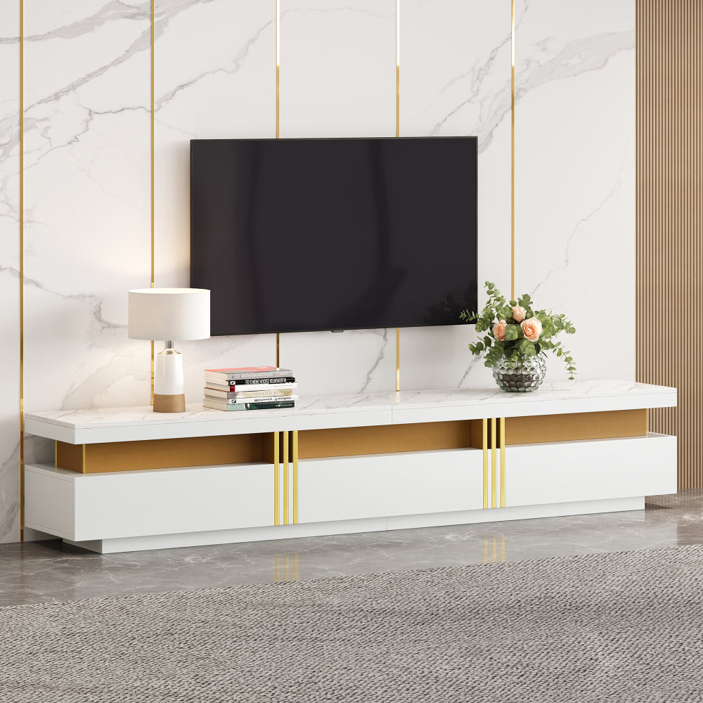 Lowboard TV-meubel – TV Meubel – TV Kast – TV Dressoir – Entertainment Center – Marmerlook – 200x40x42 cm – Geschikt Tot 90 Inch – 3 Lades – Kabelmanagement