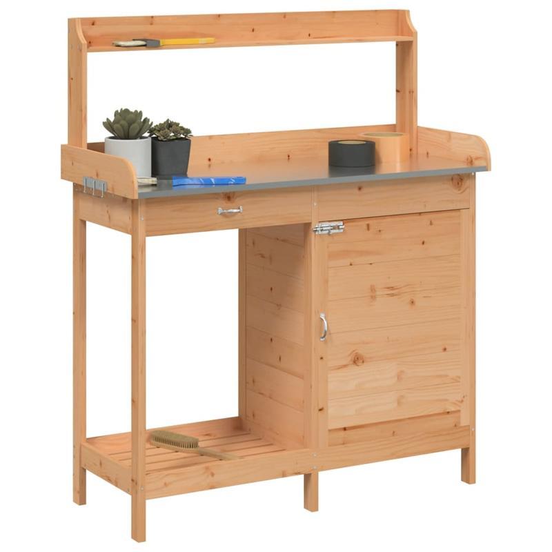 Tuinwerkbank – Buitenwerkbank – Werktafel – Tuinmeubel – Tuinkast – Stevig Vurenhout – Ruim Werkblad 110,5x45 cm – Bruin