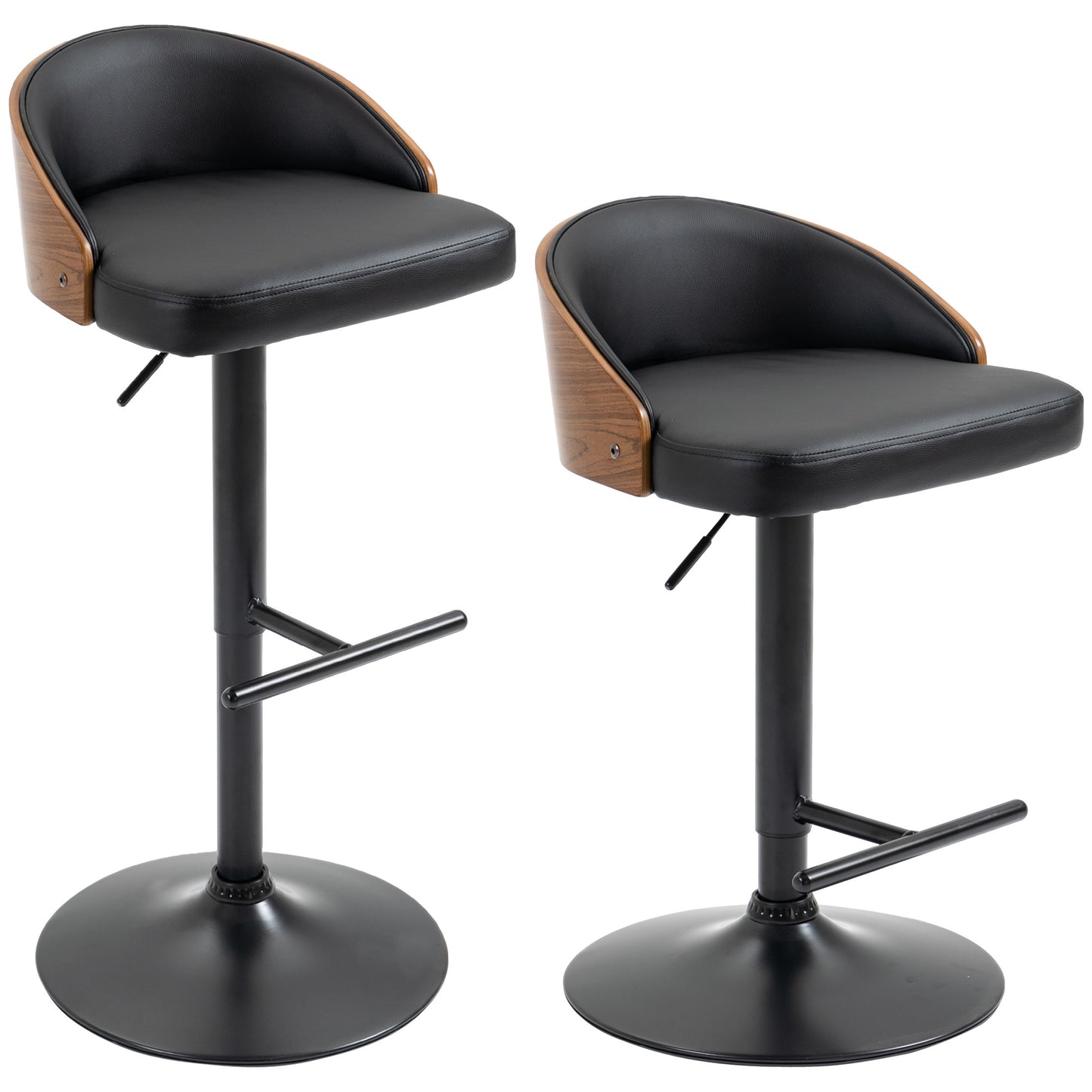 Barkrukken – Barstoelen – Keukenstoelen – Draaiende Krukken – Barkruk Sets – Verstelbare Hoogte 76-96 cm – Kunstleren Zitting & Houten Rugleuning – Zwart/Koffie