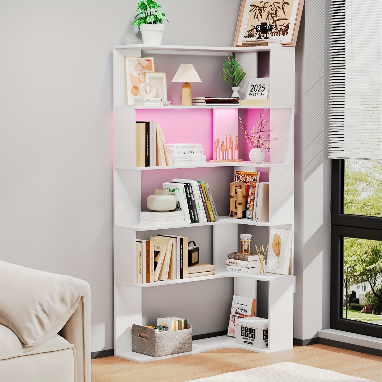 Boekenrek Hoekboekenkast Boekenplank Vakkenkast Stellingkast – 5 Laags Zwart – Hardhout & Spaanplaat – Vrijstaand Ruimtebesparend Design – Eenvoudige Montage Zonder Gereedschap